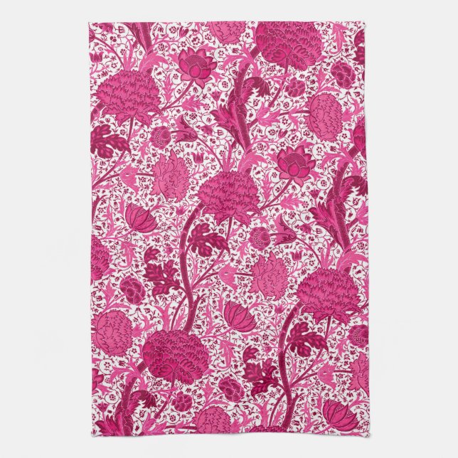 William Morris Jacobean Floral, Fuchsia Pink Tea Towel (Vertical)