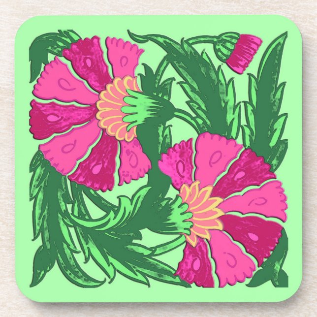 William Morris Jacobean, Fuchsia Pink and Green Coaster (Front)
