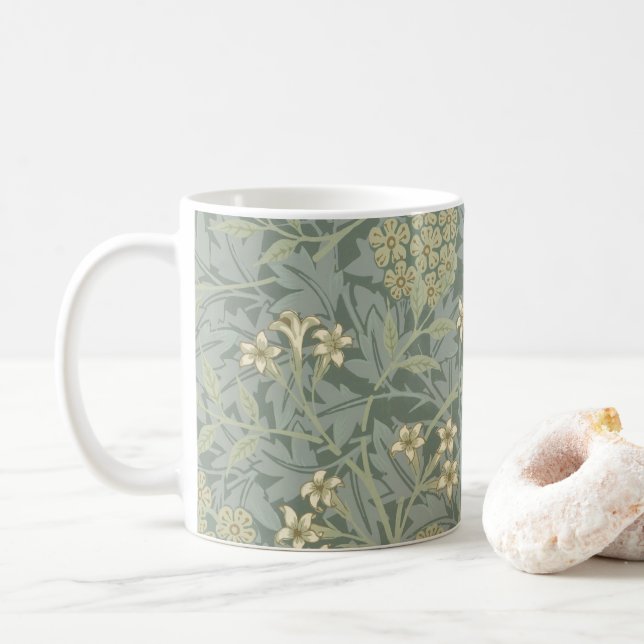 William Morris Jasmine Blue Green Botanical Art Coffee Mug (With Donut)