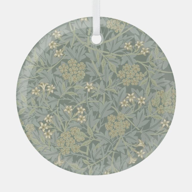 William Morris Jasmine Blue Green Botanical Art Glass Tree Decoration (Front)