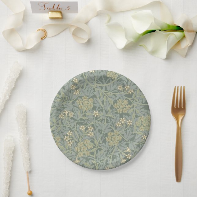 William Morris Jasmine Blue Green Botanical Art Paper Plate (Wedding)