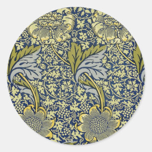 William Morris Kennet Floral Wallpaper Blue Gold Classic Round Sticker
