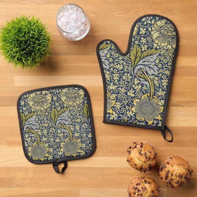 William Morris Kennet Floral Wallpaper Blue Oven Mitt & Pot Holder Set (Top Down)