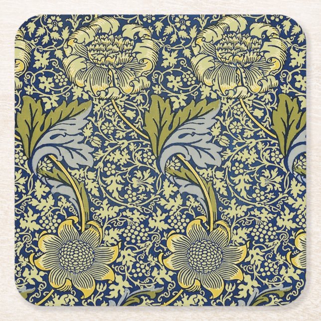 William Morris Kennet Floral Wallpaper Blue Square Paper Coaster (Front)