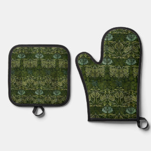 William Morris Large Green Leaves & Blue Flower Oven Mitt & Pot Holder Set