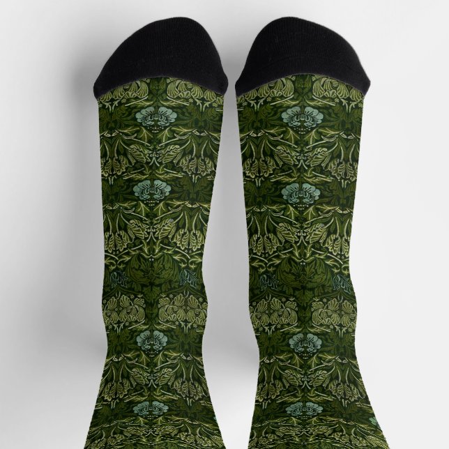 William Morris Large Green Leaves & Blue Flower Socks (Top)