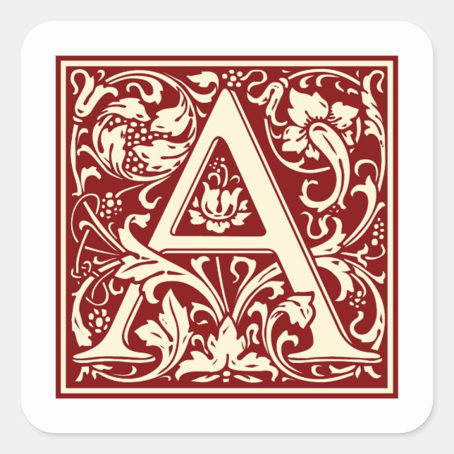 William Morris Letter A Monogram Initial Red Square Sticker (Front)