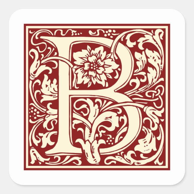 William Morris Letter B Monogram Initial Red Square Sticker (Front)