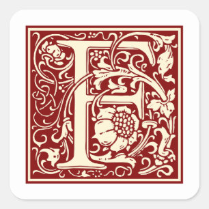 William Morris Letter F Monogram Initial Red Square Sticker