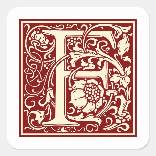 William Morris Letter F Monogram Initial Red Square Sticker (Front)