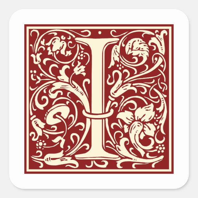 William Morris Letter I Monogram Initial Red Square Sticker (Front)