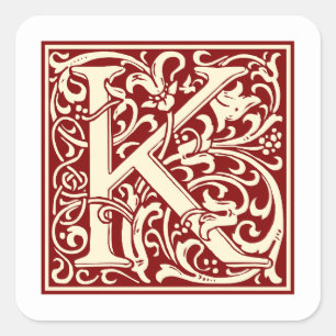 William Morris Letter K Monogram Initial Red Square Sticker