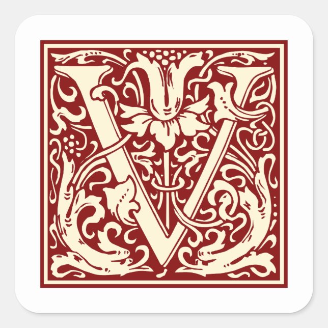 William Morris Letter V Monogram Initial Red Square Sticker (Front)