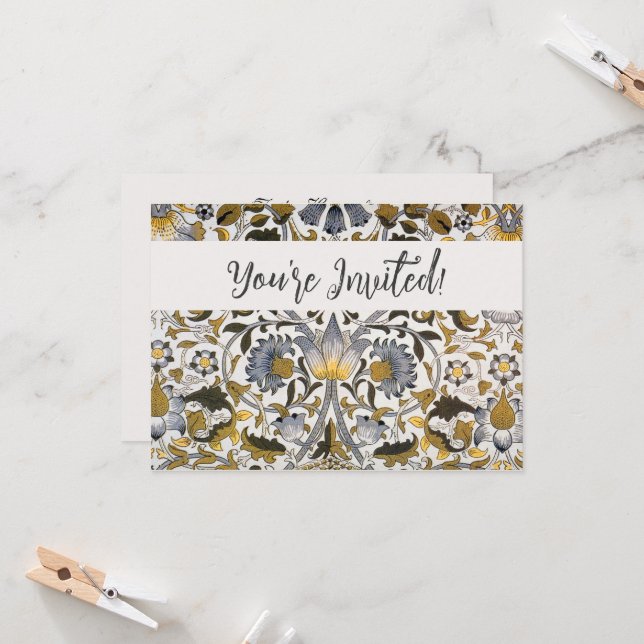 William Morris Lodden Floral Pattern: Blue Gold  Invitation (Front/Back In Situ)