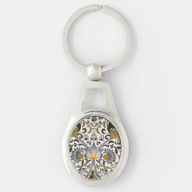 William Morris Lodden Floral Pattern: Blue Gold  Key Ring (Front)