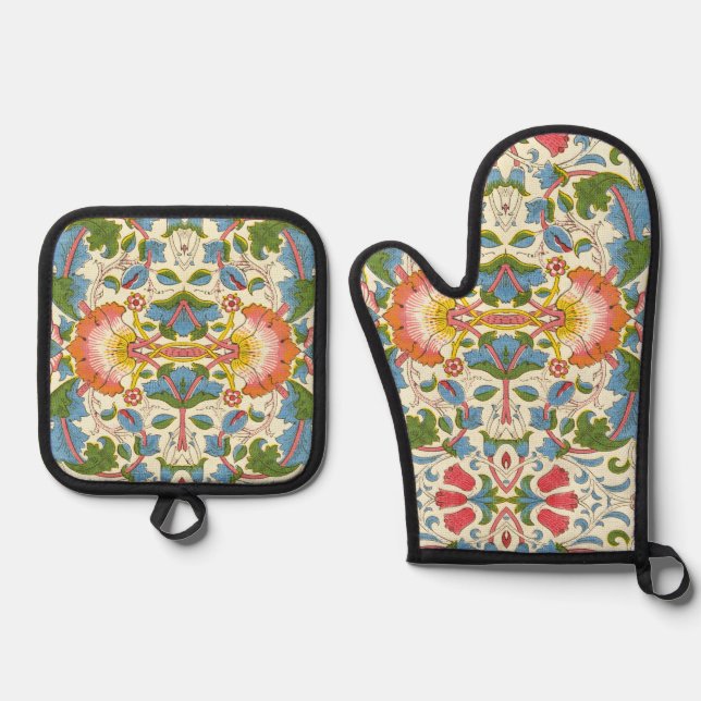 William Morris Loddon Blossom Floral Patterns Oven Mitt & Pot Holder Set (Front)