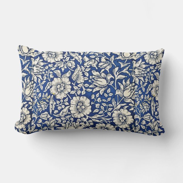 William Morris Mallow Flowers Floral Blue White  Lumbar Cushion (Front)