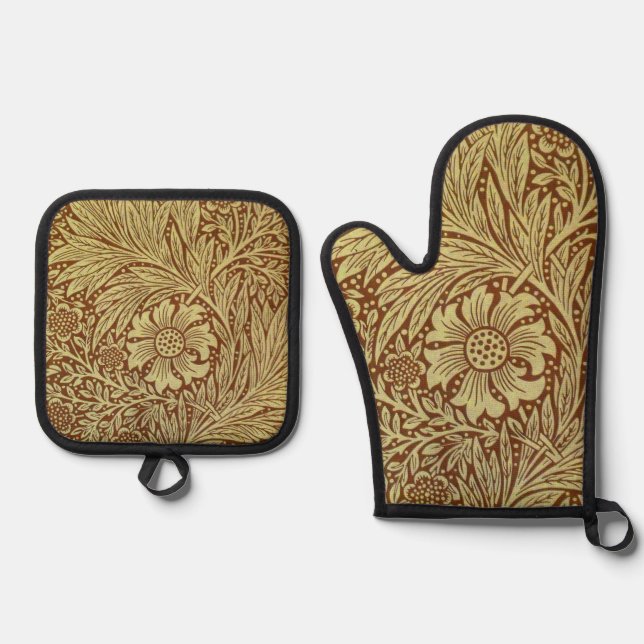 William Morris Marigold Antique Flower Pattern Oven Mitt & Pot Holder Set (Front)