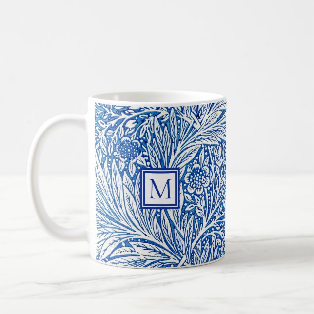 William Morris Marigold Blue Monogram Coffee Mug (Left)