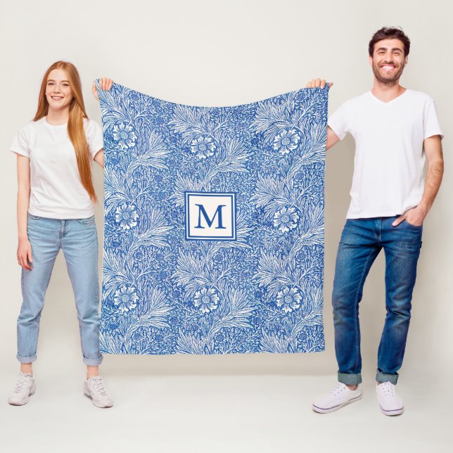 William Morris Marigold Blue Monogram Fleece Blanket (In Situ)