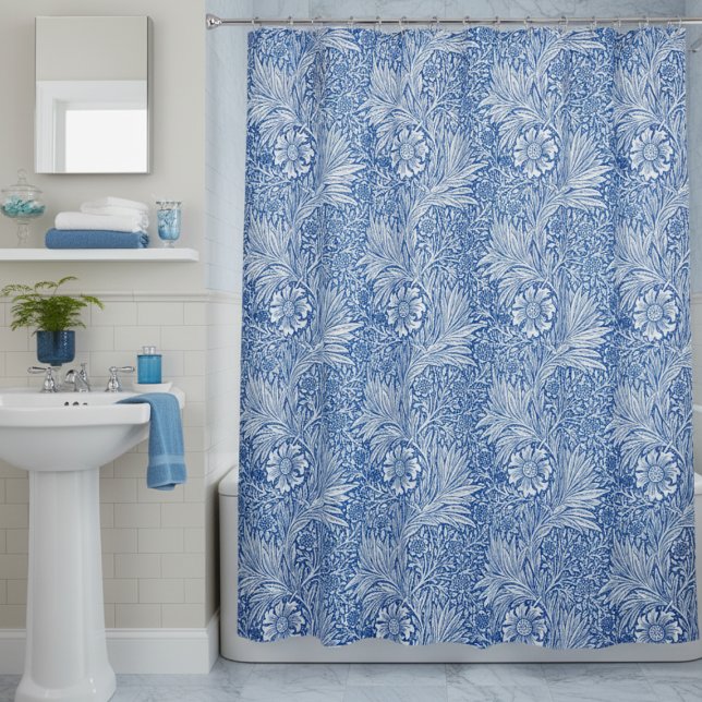 William Morris Marigold Blue Shower Curtain (elegant vintage william morris shower curtain, blue and white marigold floral pattern,home decor)