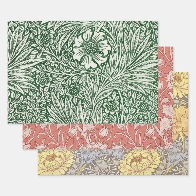 william morris marigold green floral flower wrapping paper sheet (Set)