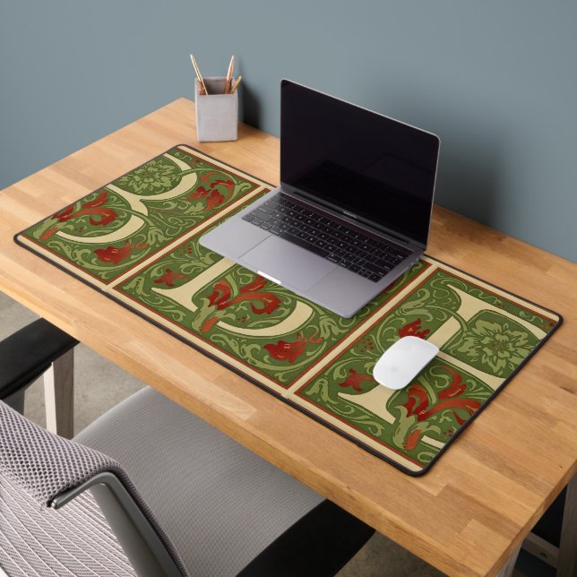 William Morris Monogram Letter B Floral Red Green Desk Mat (Office 2)