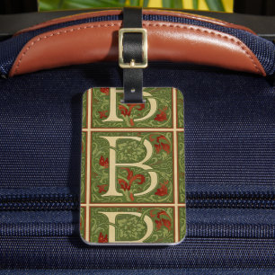 William Morris Monogram Letter B Floral Red Green Luggage Tag