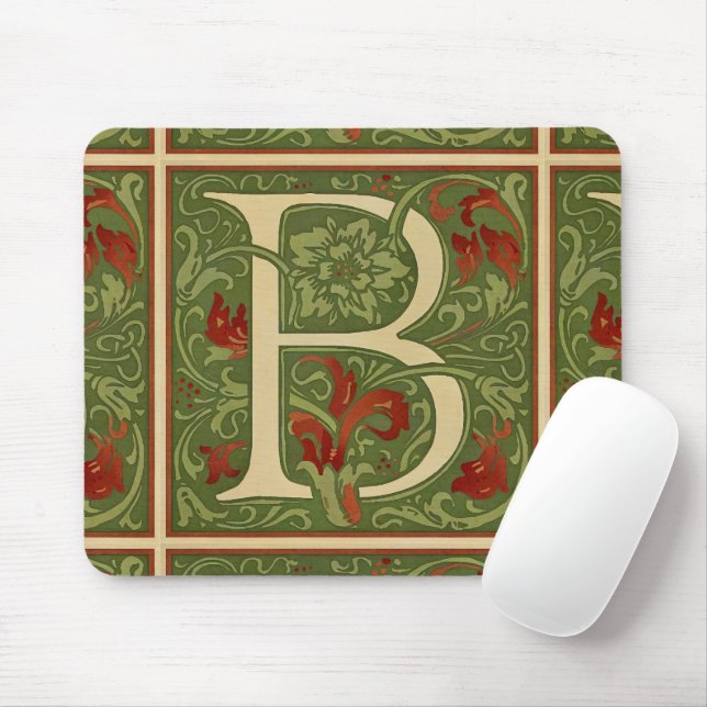 William Morris Monogram Letter B Floral Red Green Mouse Pad (With Mouse)