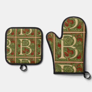 William Morris Monogram Letter B Floral Red Green Oven Mitt & Pot Holder Set