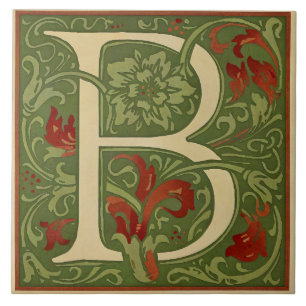 William Morris Monogram Letter B Floral Red Green Tile
