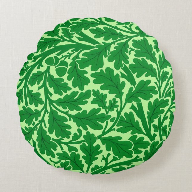 William Morris Oak Leaves, Emerald Green Round Cushion (Front)
