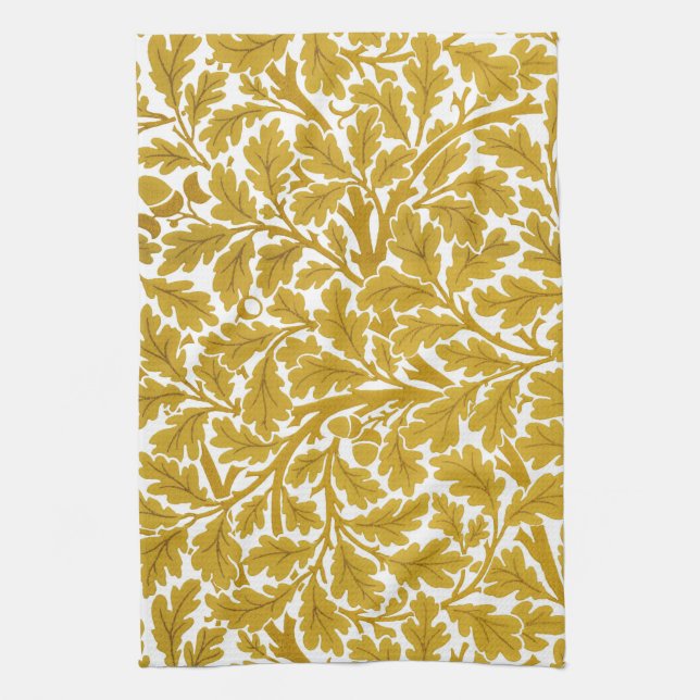 William Morris Oak Leaves, Mustard Yellow & White Tea Towel (Vertical)