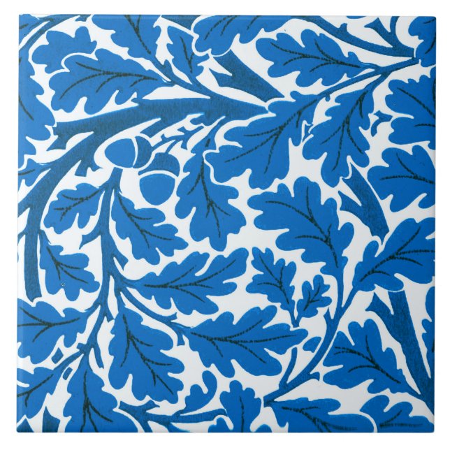 William Morris Oak Leaves, Sapphire Blue and White Tile (Front)