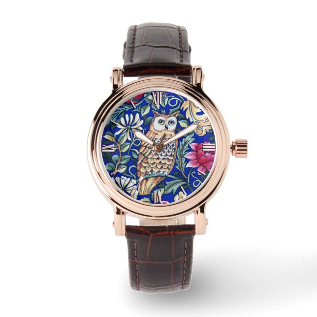 William Morris Owl Tapestry, Beige and Cobalt Blue Watch (Front)