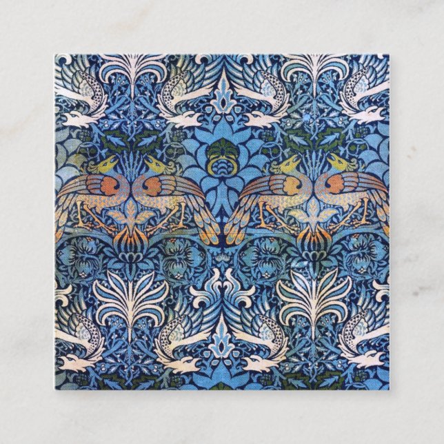William Morris Peacock And Dragon Blue Pattern Square Business Card (Front)