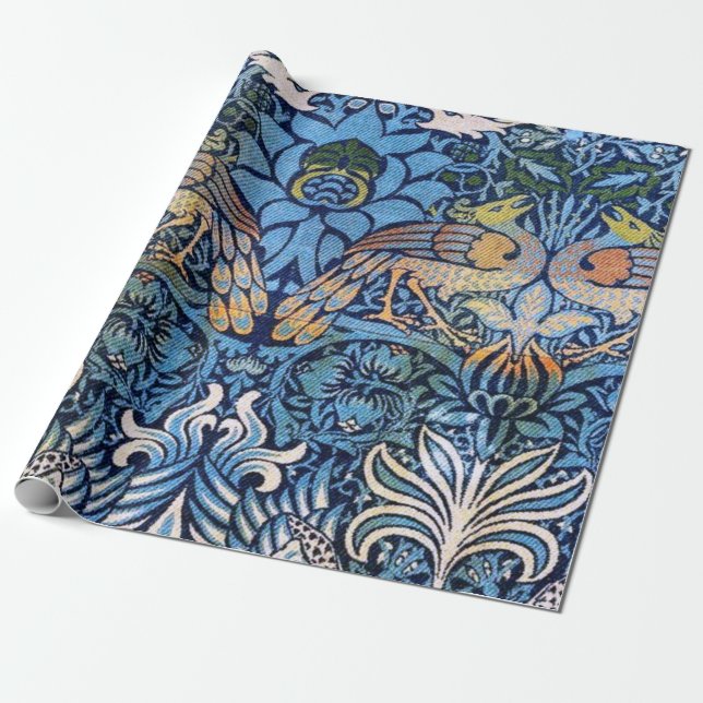 William Morris Peacock And Dragon Blue Pattern Wrapping Paper (Unrolled)