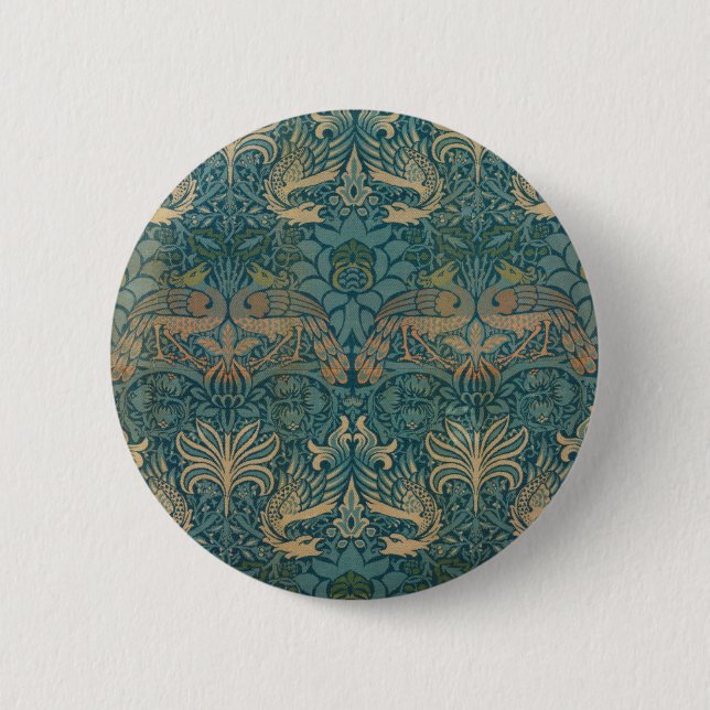 William Morris Peacock and Dragon Textile Design 6 Cm Round Badge (Front)