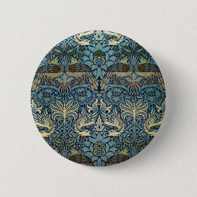 William Morris Peacock and Dragon Woven Design 6 Cm Round Badge (Front)