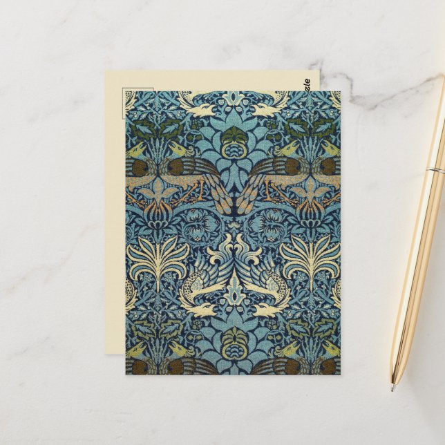 William Morris Peacock and Dragon Woven Design Postcard (Front/Back In Situ)