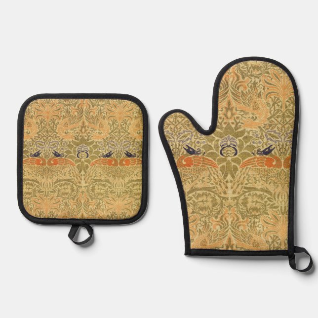 William Morris Peacock & Dragon Arts & Crafts Oven Mitt & Pot Holder Set (Front)