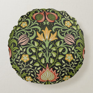 William Morris Persian Black Floral Tile Art Round Cushion