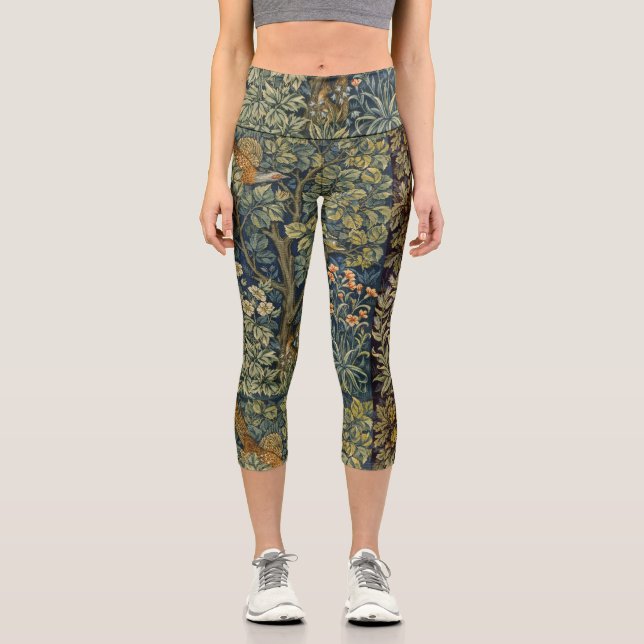 William Morris - Pheasant Bird Tree Botanical Capri Leggings (Front)
