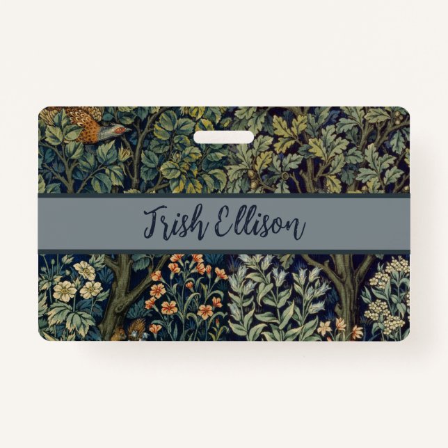 William Morris Pheasant Bird Tree Botanical ID Badge (Front)
