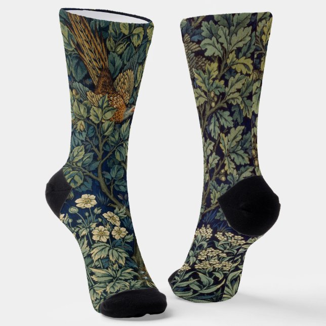 William Morris Pheasant Bird Tree Woodland Socks (Angled)