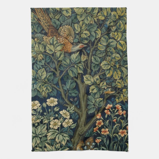 William Morris Pheasant Bird Tree Woodland Tea Towel (Vertical)