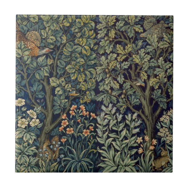 William Morris Pheasant Bird Tree Woodland Tile (Front)