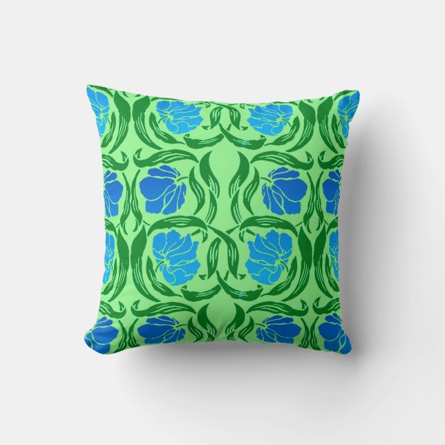 William Morris Pimpernel, Blue & Lime Green Cushion (Front)