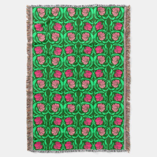 William Morris Pimpernel, Coral Pink and Green  Throw Blanket (Front Vertical)