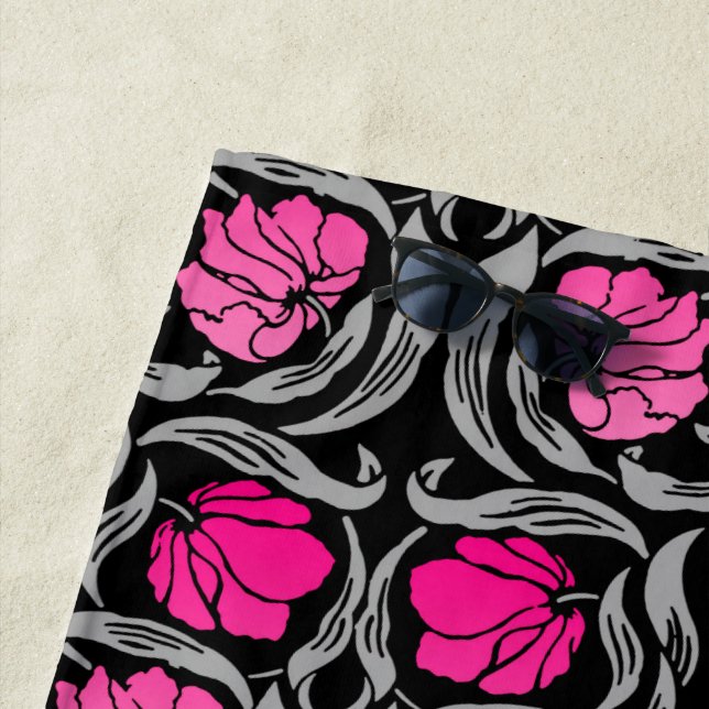 William Morris Pimpernel, Fuchsia Pink and Black Beach Towel (In Situ)